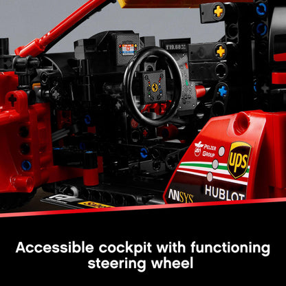 Close-up of LEGO® Technic Ferrari 488 GTE model's detailed cockpit with functioning steering wheel.
