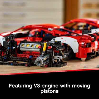 LEGO Technic Ferrari 488 GTE model showcasing V8 engine with moving pistons in dynamic build project.