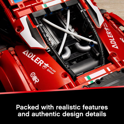 Detailed view of LEGO® Technic Ferrari 488 GTE engine model, showcasing realistic features and authentic design details.