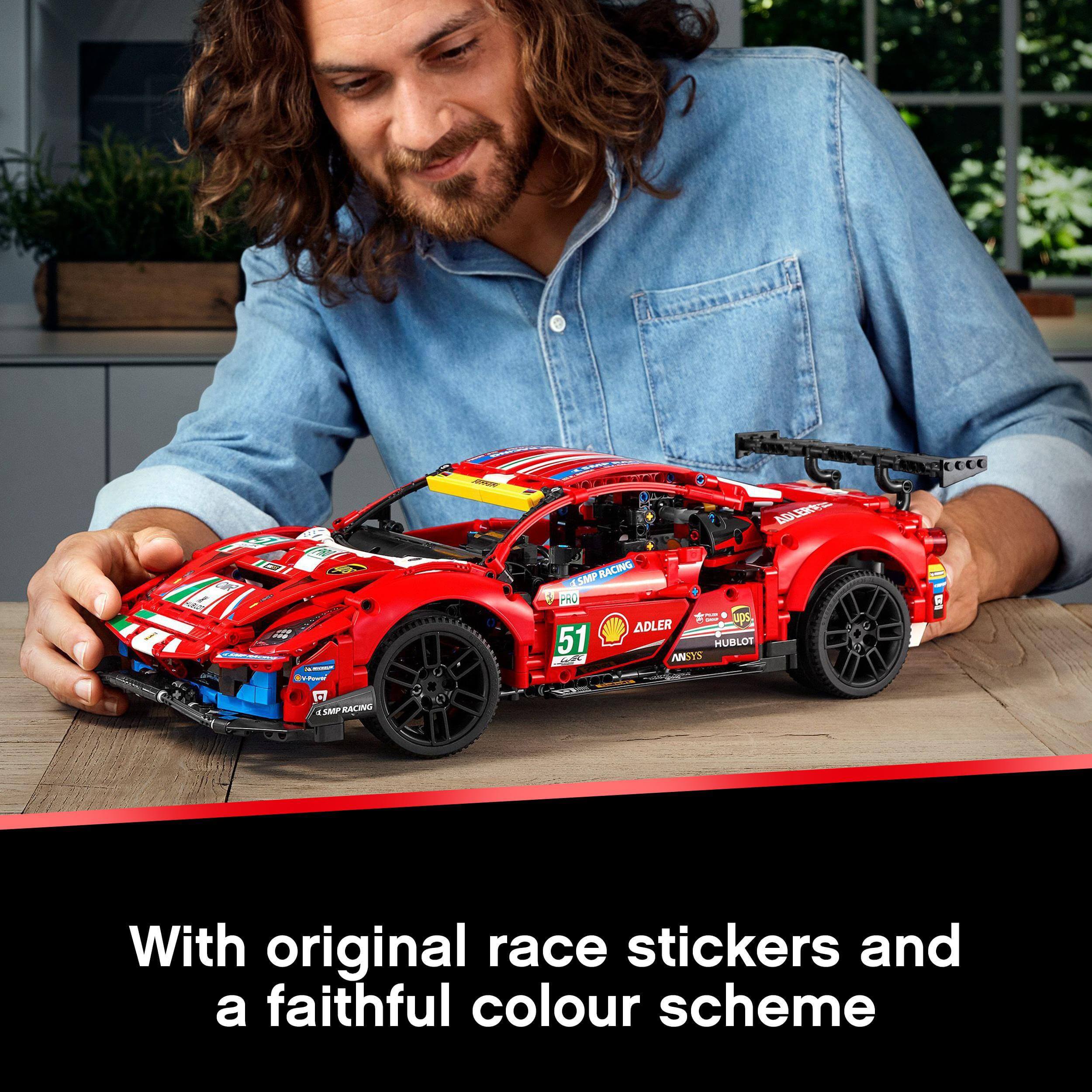 Detailed LEGO Technic Ferrari 488 GTE model with race stickers and vibrant colors, perfect for automotive enthusiasts.