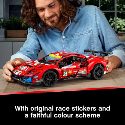 Detailed LEGO Technic Ferrari 488 GTE model with race stickers and vibrant colors, perfect for automotive enthusiasts.
