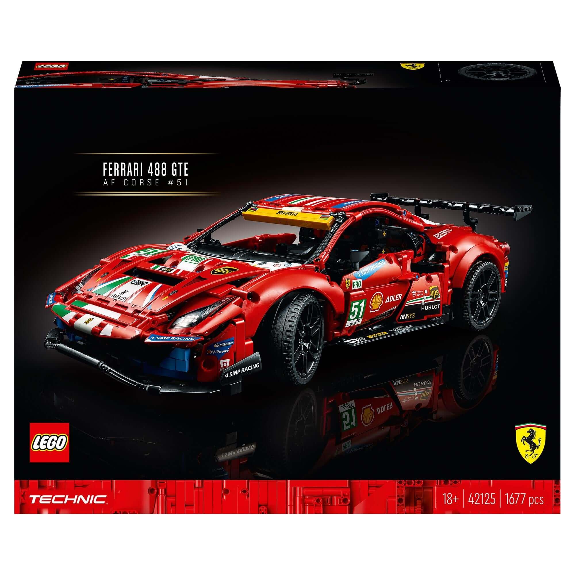 LEGO Technic Ferrari 488 GTE AF Corse #51 model set 42125, featuring a detailed race car replica with vibrant design.