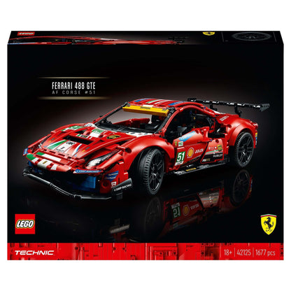 LEGO Technic Ferrari 488 GTE AF Corse #51 model set 42125, featuring a detailed race car replica with vibrant design.