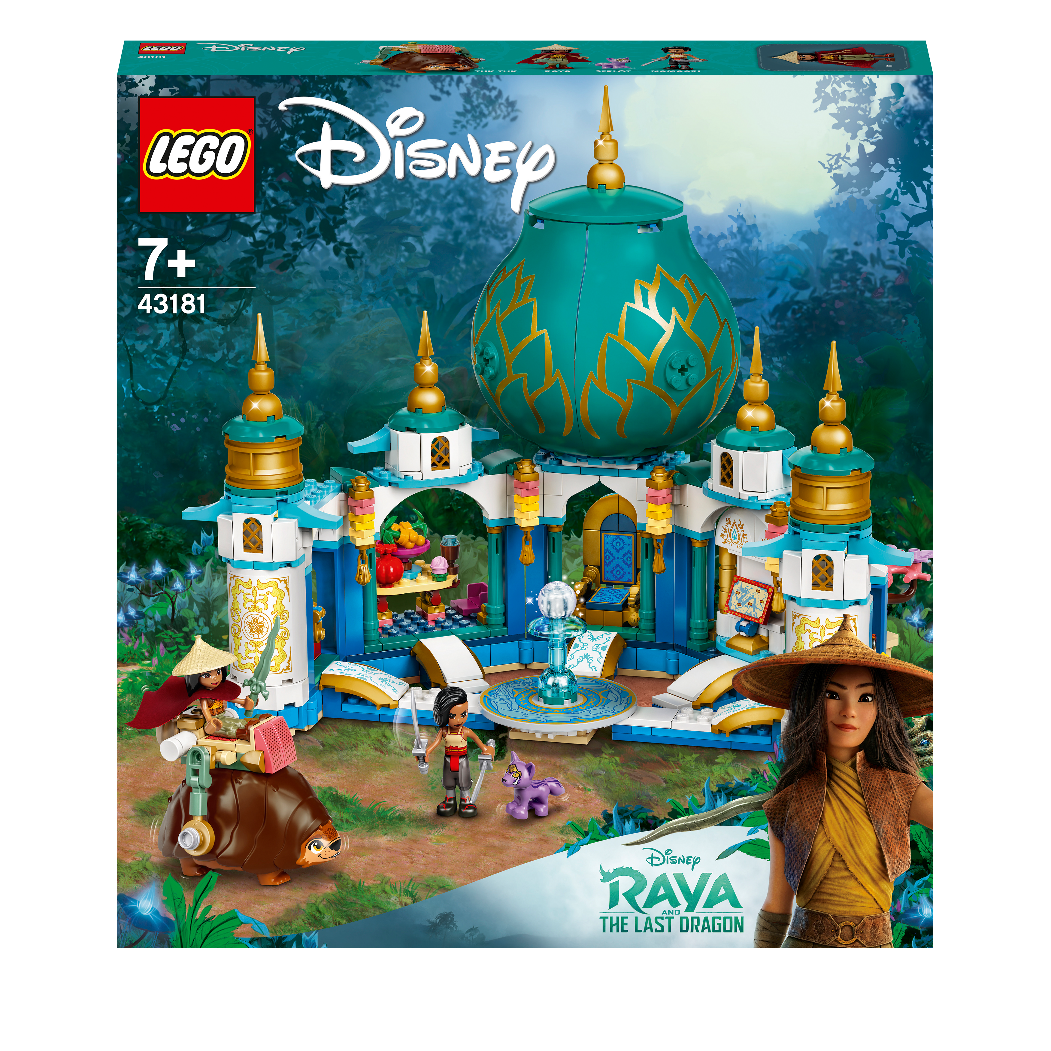 LEGO® Disney Raya and the Last Dragon Heart Palace Playset 43181 with minidolls and Tuk Tuk figures.