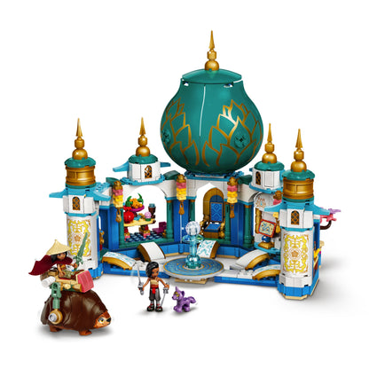LEGO® Disney Raya and the Heart Palace Playset 43181 with minidolls and Tuk Tuk figures in a colorful palace setting.