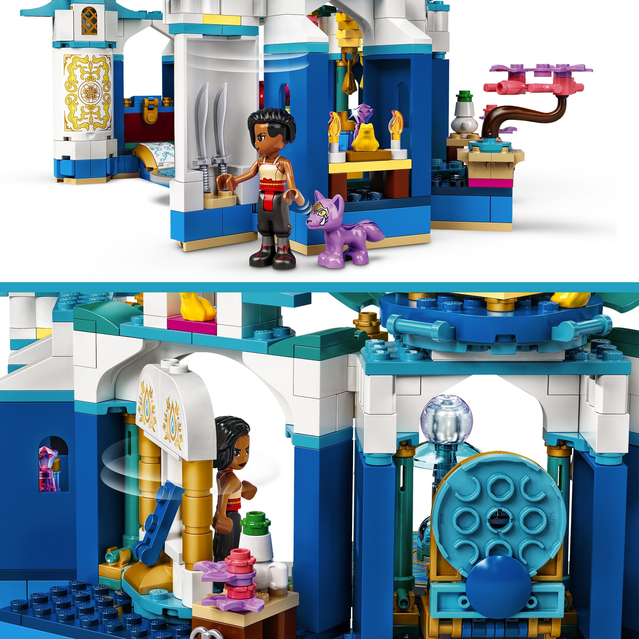 LEGO Disney Raya and the Heart Palace Playset 43181 with minidoll figures, Tuk Tuk, and Serlot in a vibrant palace setting.