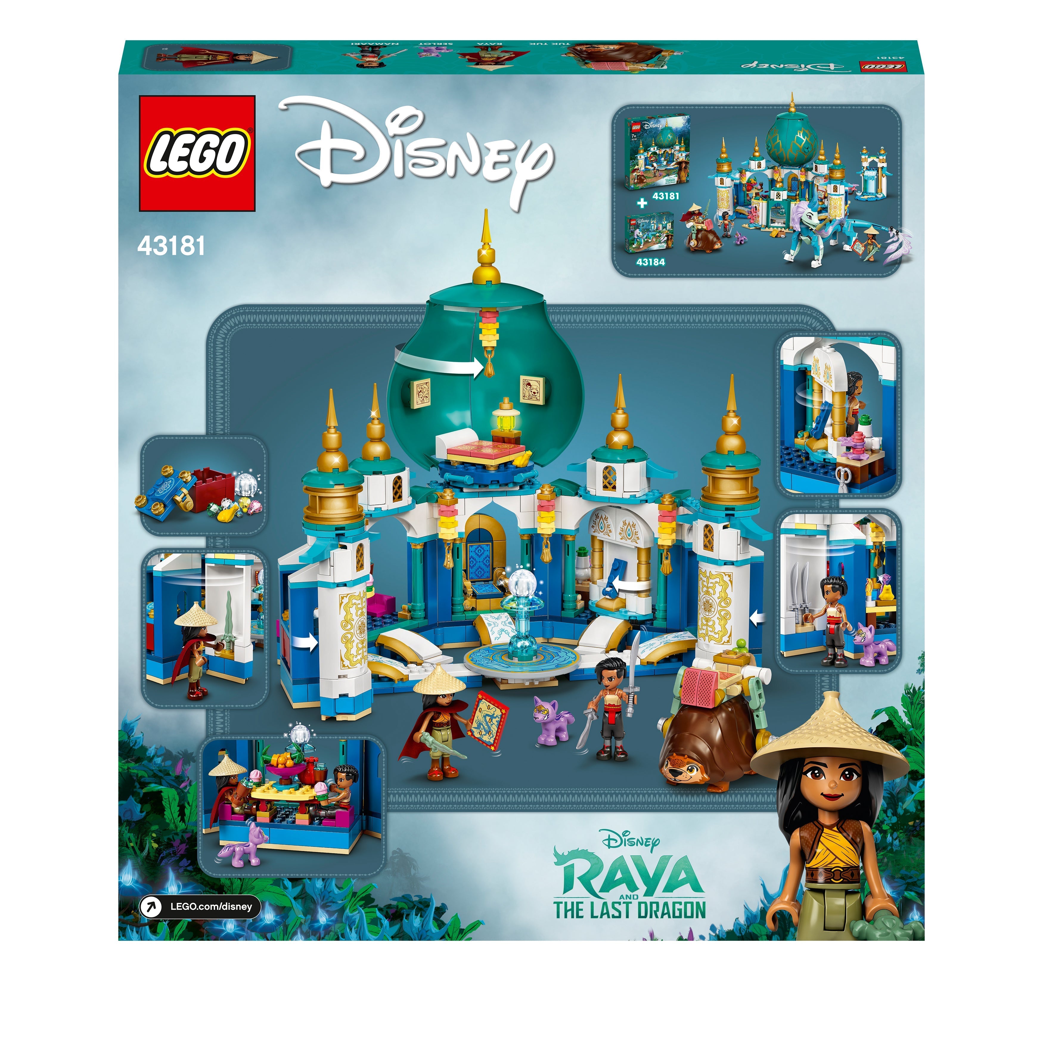 LEGO Disney Raya and the Heart Palace Playset 43181 featuring minidoll figures and Tuk Tuk.