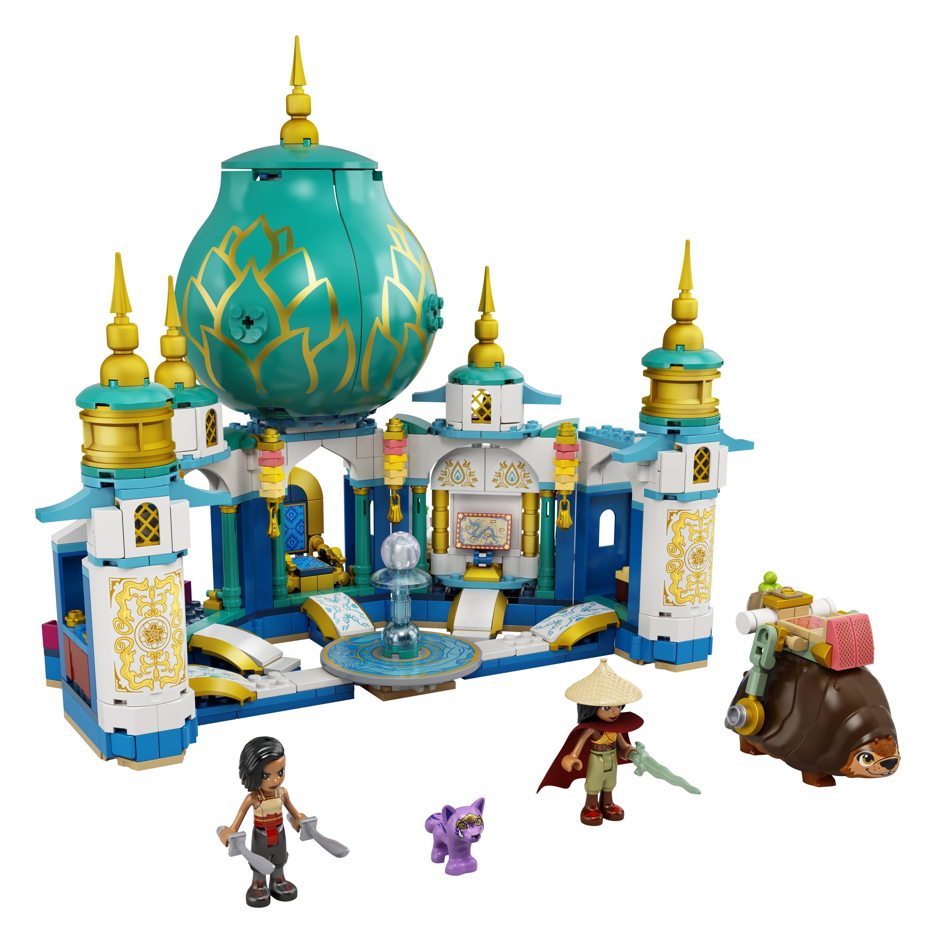 LEGO® Disney Raya and the Heart Palace Playset 43181 with minifigures and Tuk Tuk, showcasing vibrant colors and intricate details.