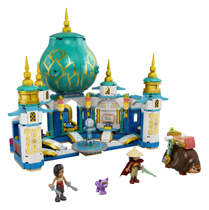 LEGO® Disney Raya and the Heart Palace Playset 43181 with minifigures and Tuk Tuk, showcasing vibrant colors and intricate details.