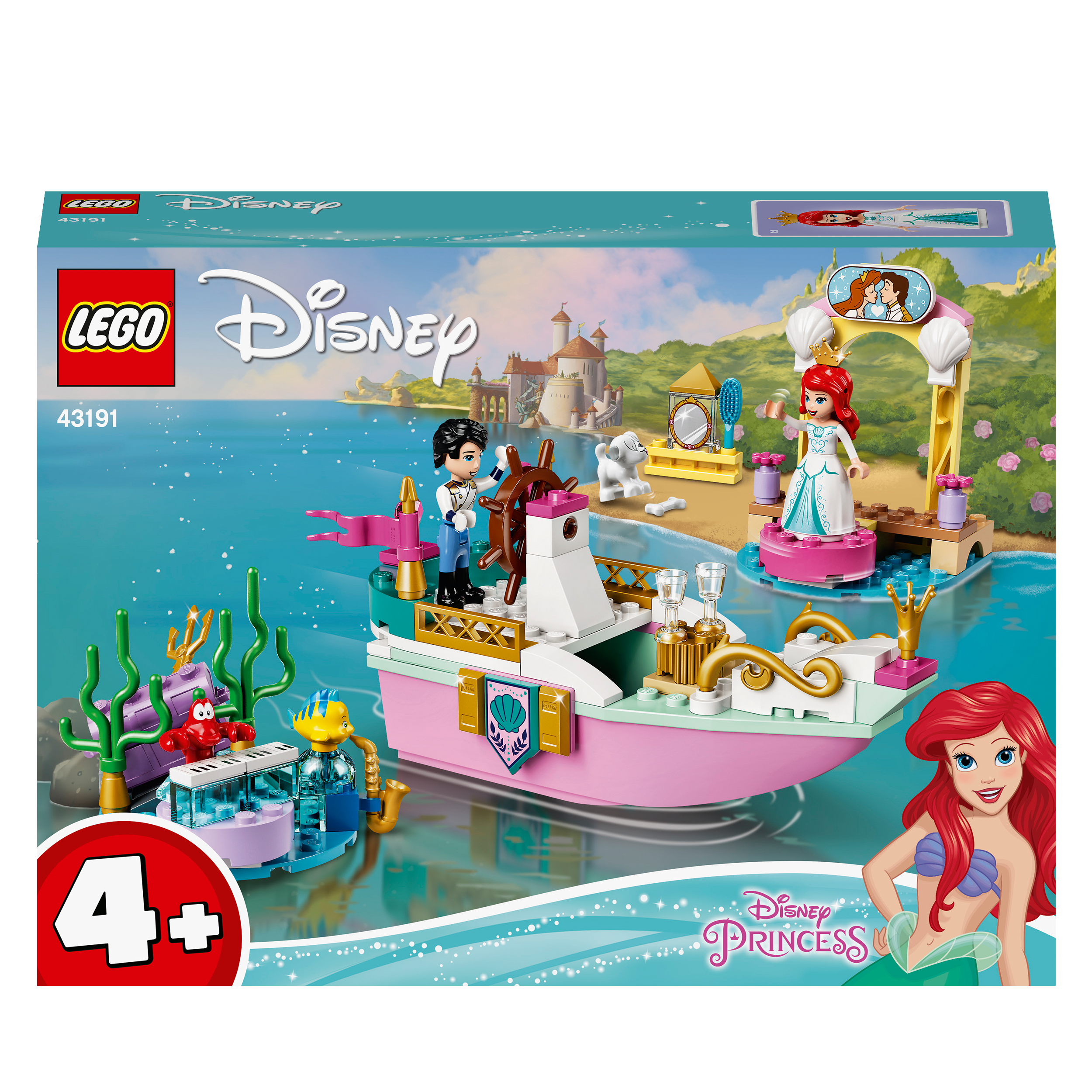 LEGO® Disney Ariel’s Celebration Boat Toy 43191 featuring minidoll figures, floating boat, and colorful underwater scene.