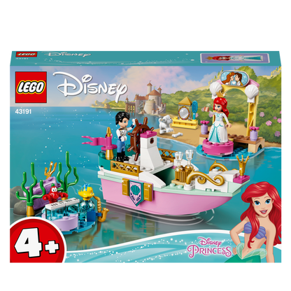 LEGO® Disney Ariel’s Celebration Boat Toy 43191 featuring minidoll figures, floating boat, and colorful underwater scene.