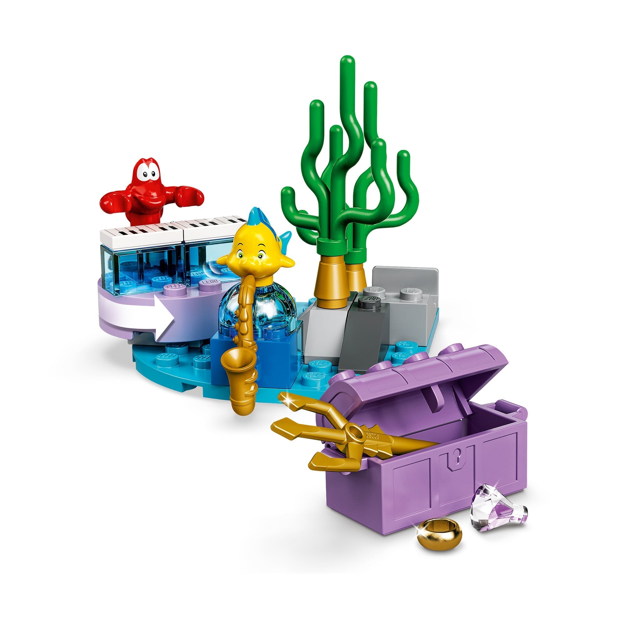 LEGO Disney Ariel's Celebration Boat Toy 43191 with minidoll figures, sea animals, and treasure chest.