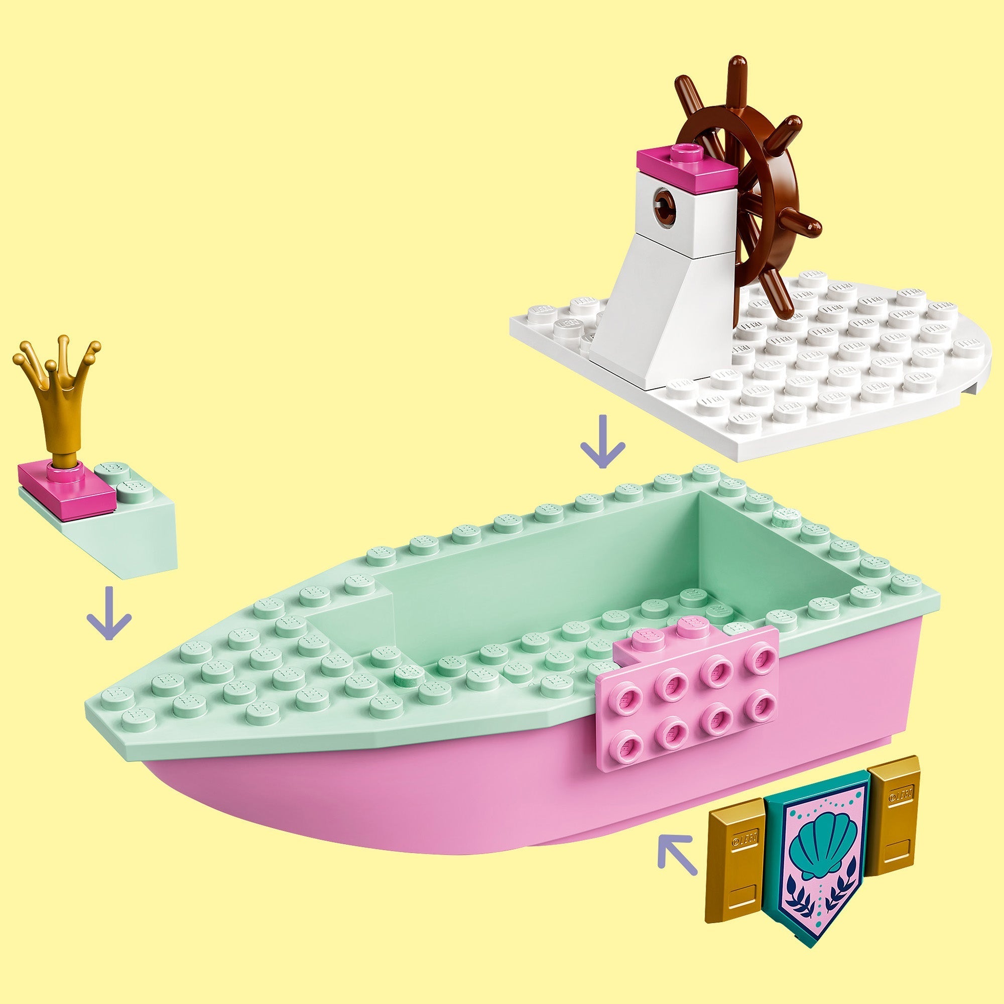 LEGO® Disney Ariel's Celebration Boat toy components including the floating boat, pier, and accessories for imaginative play.