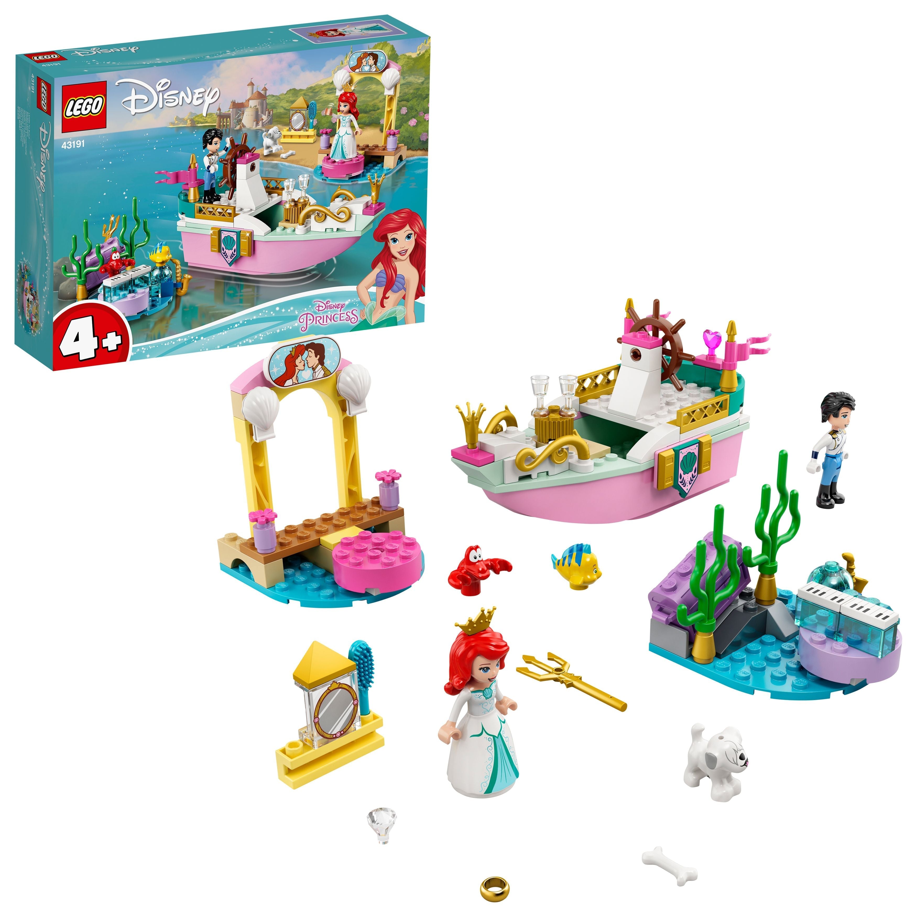 LEGO® Disney Ariel’s Celebration Boat set 43191 featuring minidolls, boat, pier, and colorful accessories.