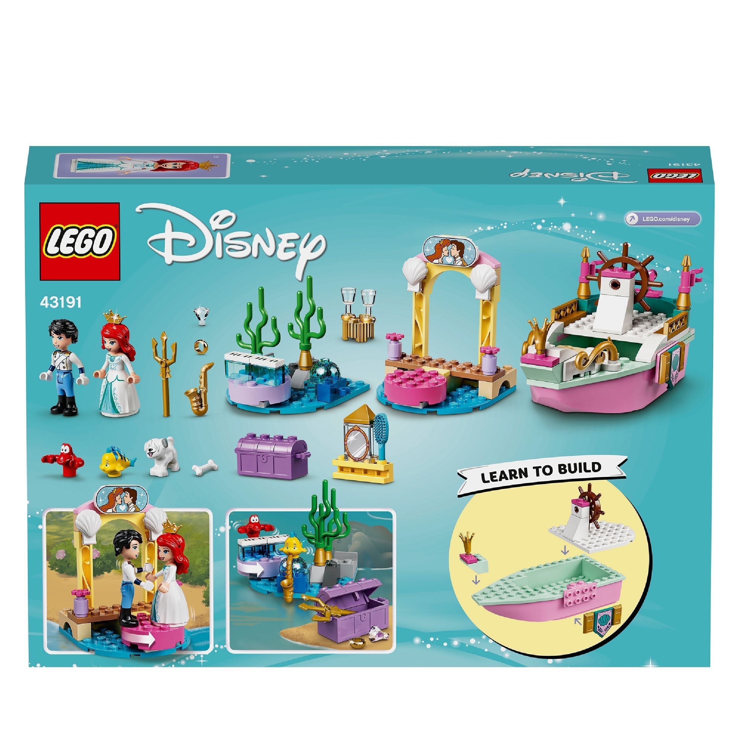 LEGO® Disney Ariel’s Celebration Boat Toy 43191 set with boat, pier, minidoll figures, and sea life accessories.