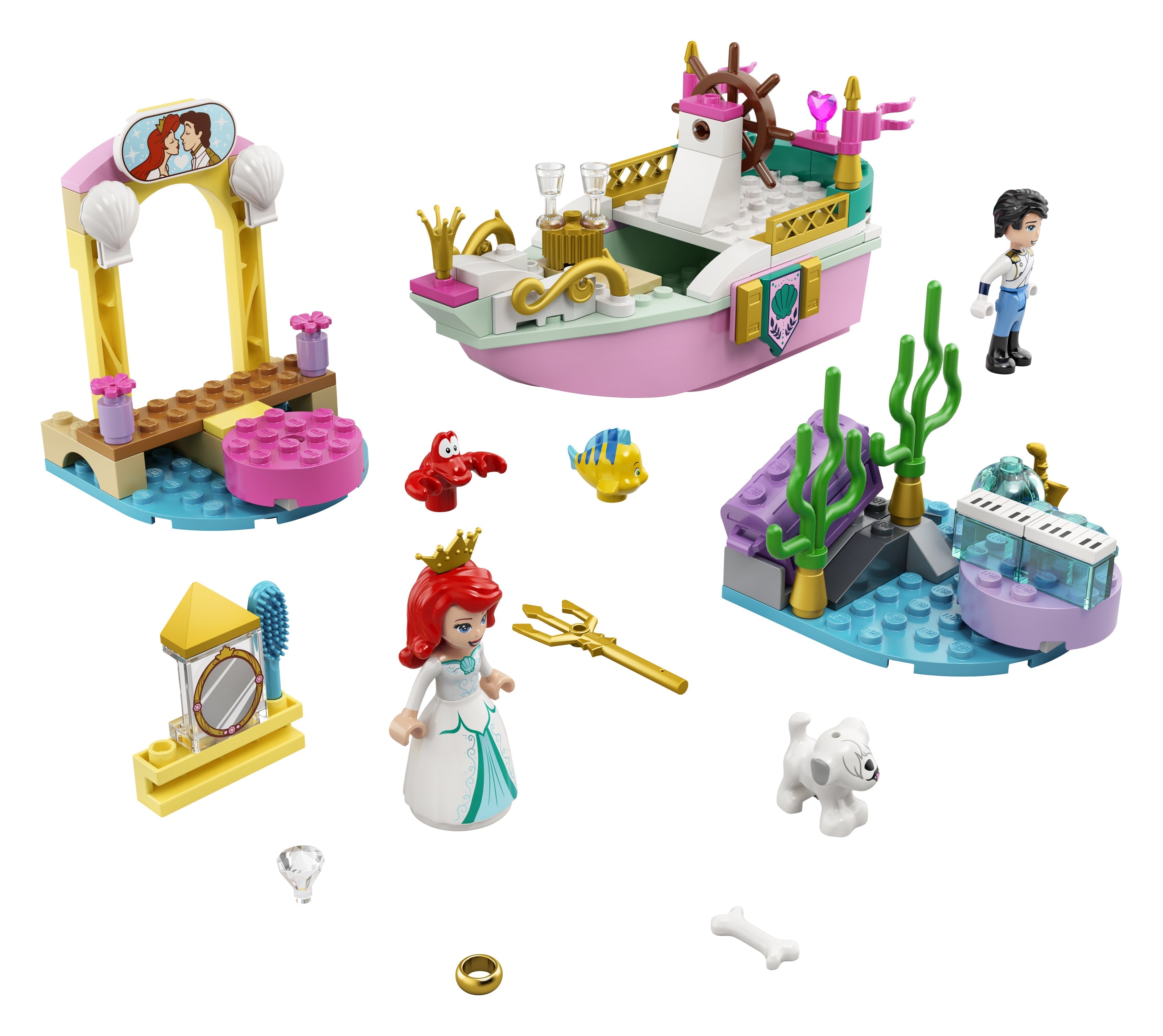 LEGO® Disney Ariel’s Celebration Boat Toy 43191 with minidoll figures, boat, pier, and LEGO® sea creatures.