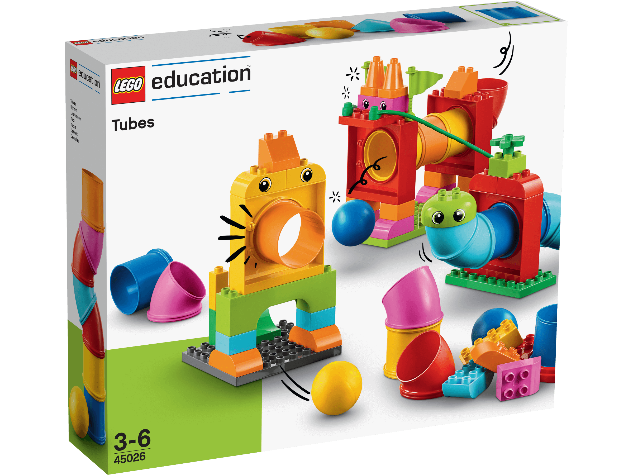 LEGO Education Tubes 45026 box showing colorful building elements for creative play and learning.