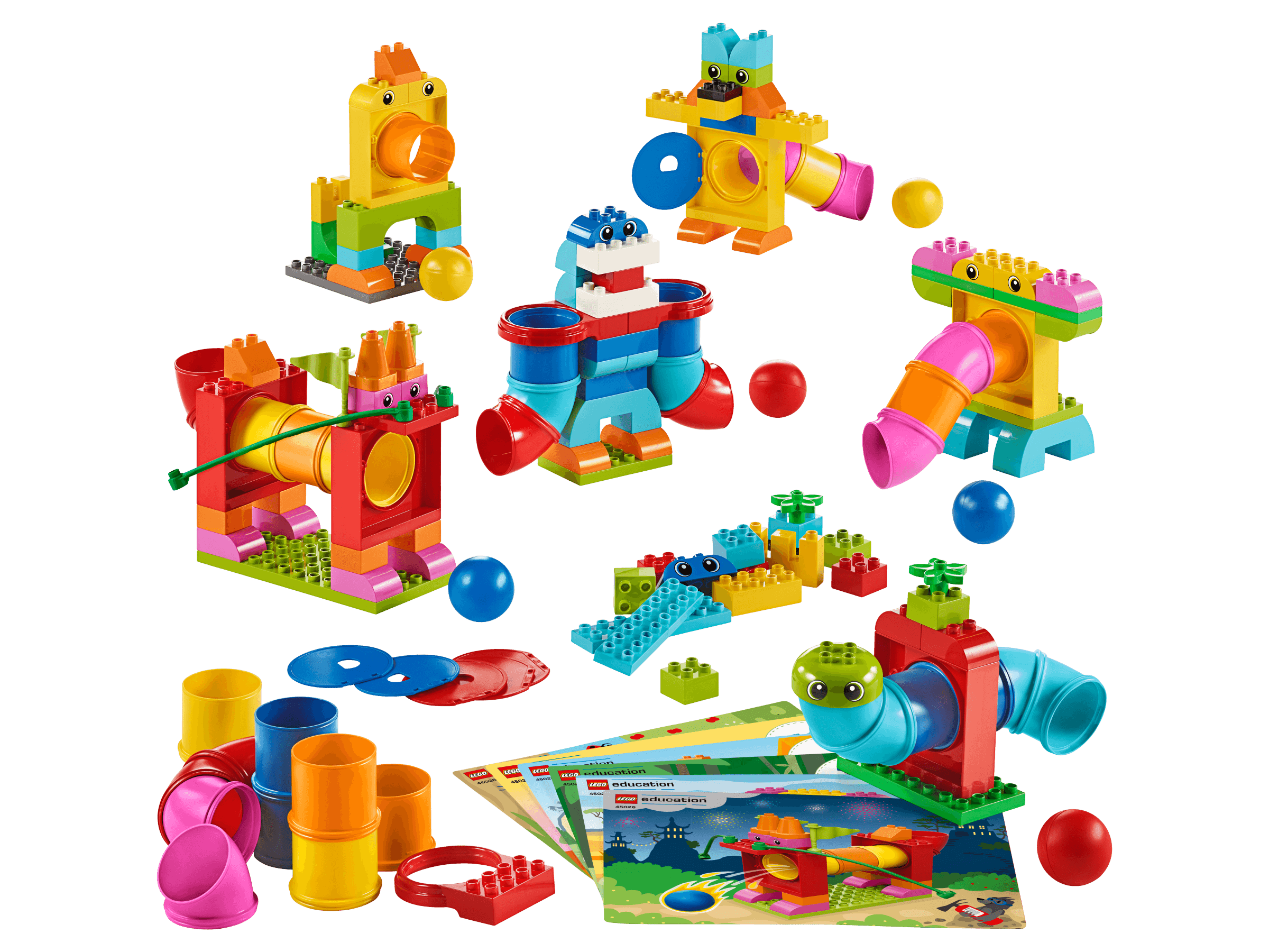 Colorful LEGO® Education Tubes set showcasing various creative builds, including animals and accessories for imaginative play.