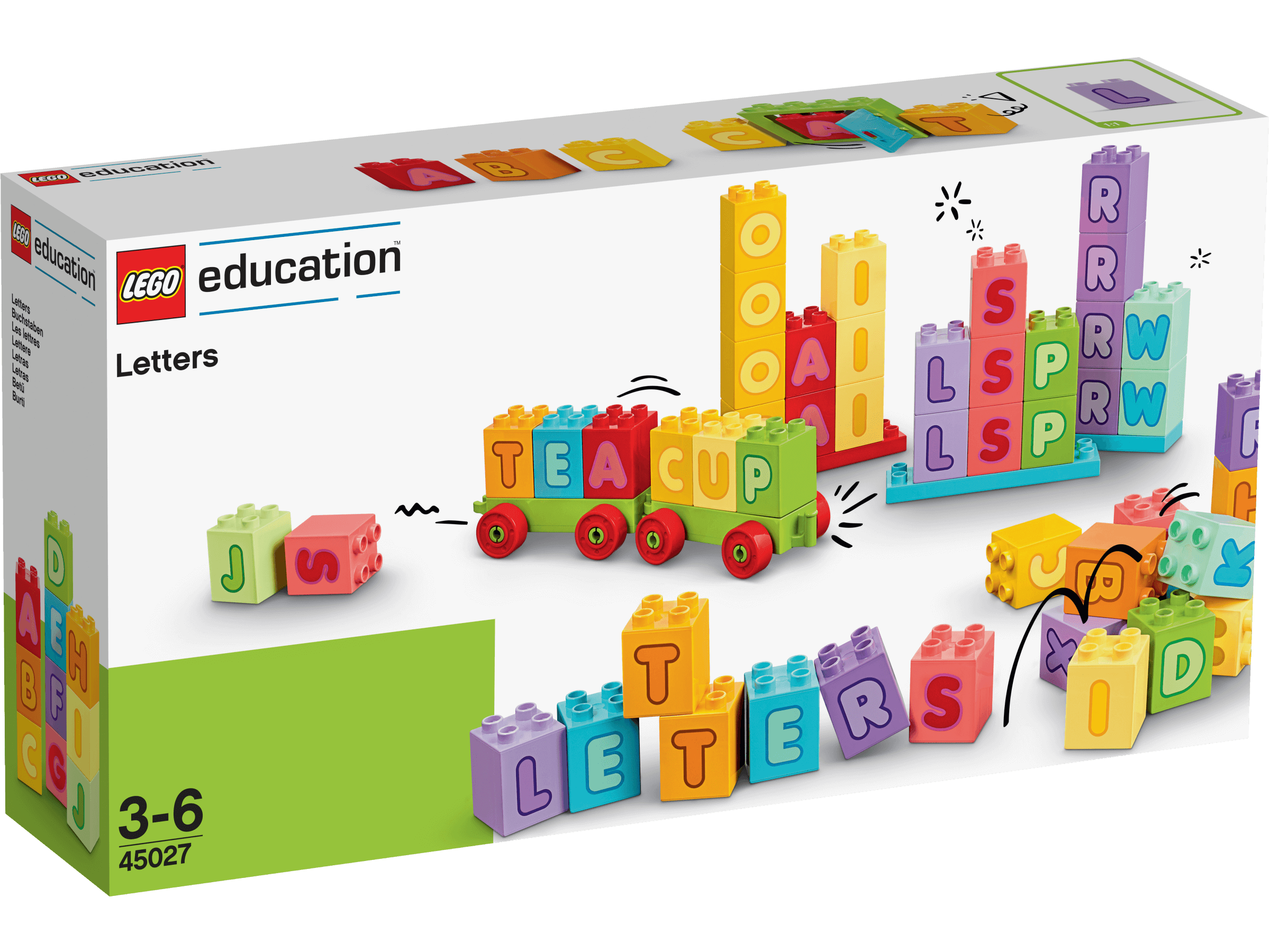LEGO® Education Letters 45027 set for children, featuring colorful DUPLO® bricks for learning the alphabet and spelling.