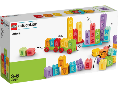 LEGO® Education Letters 45027 set for children, featuring colorful DUPLO® bricks for learning the alphabet and spelling.