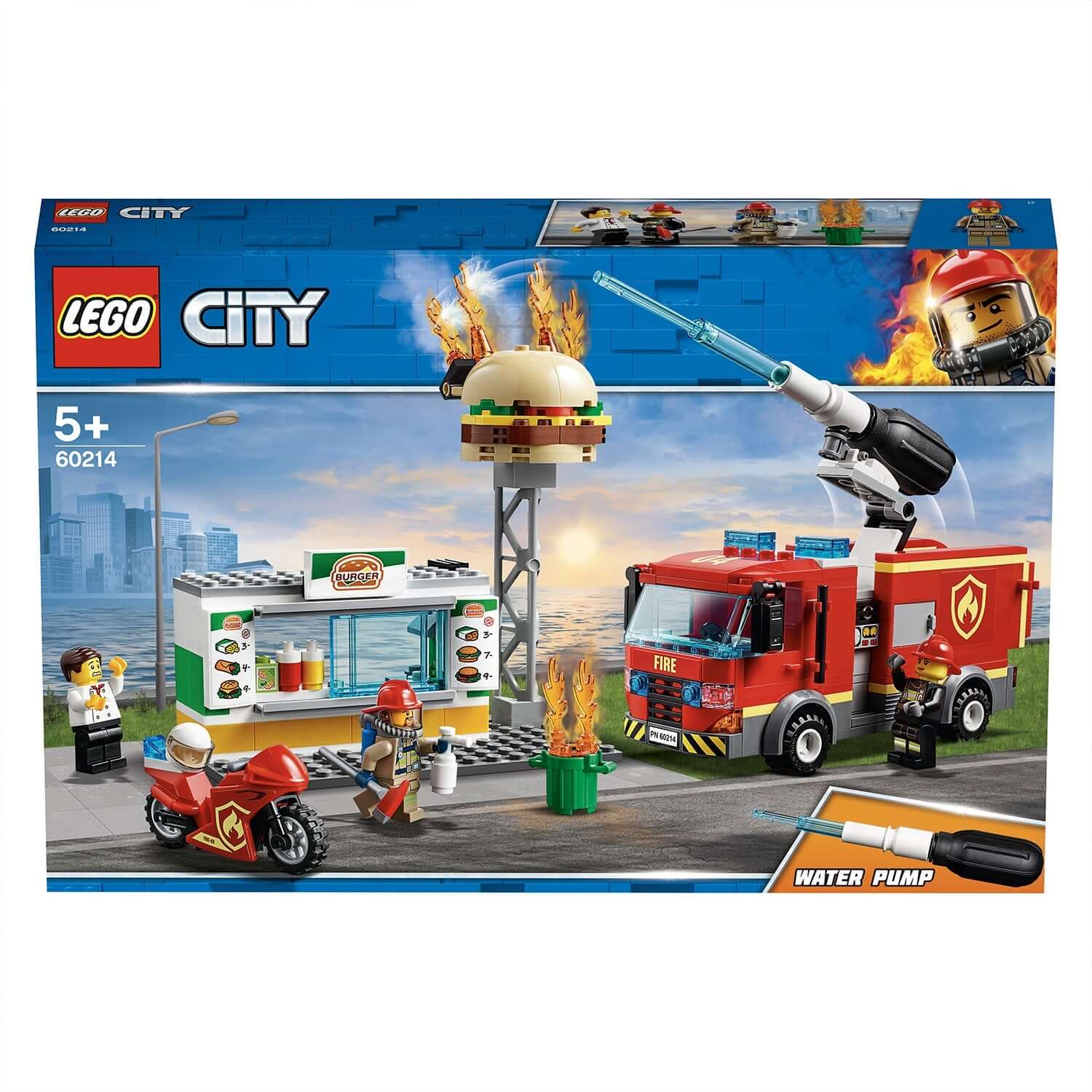 LEGO City Burger Bar Fire Rescue Engine Toy 60214 set with fire truck, burger stand, and firefighters in action.