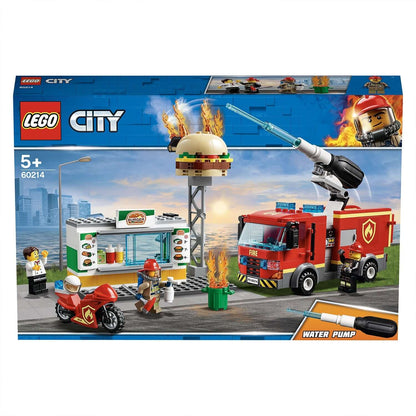 LEGO City Burger Bar Fire Rescue Engine Toy 60214 set with fire truck, burger stand, and firefighters in action.
