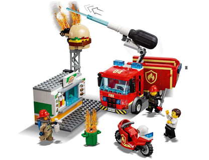 LEGO City Burger Bar Fire Rescue Engine 60214 with firefighters battling a fire at a burger stand.