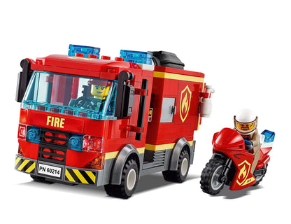 LEGO City Burger Bar Fire Rescue Engine Toy 60214 with fire truck and motorcycle, ideal for kids' imaginative play.