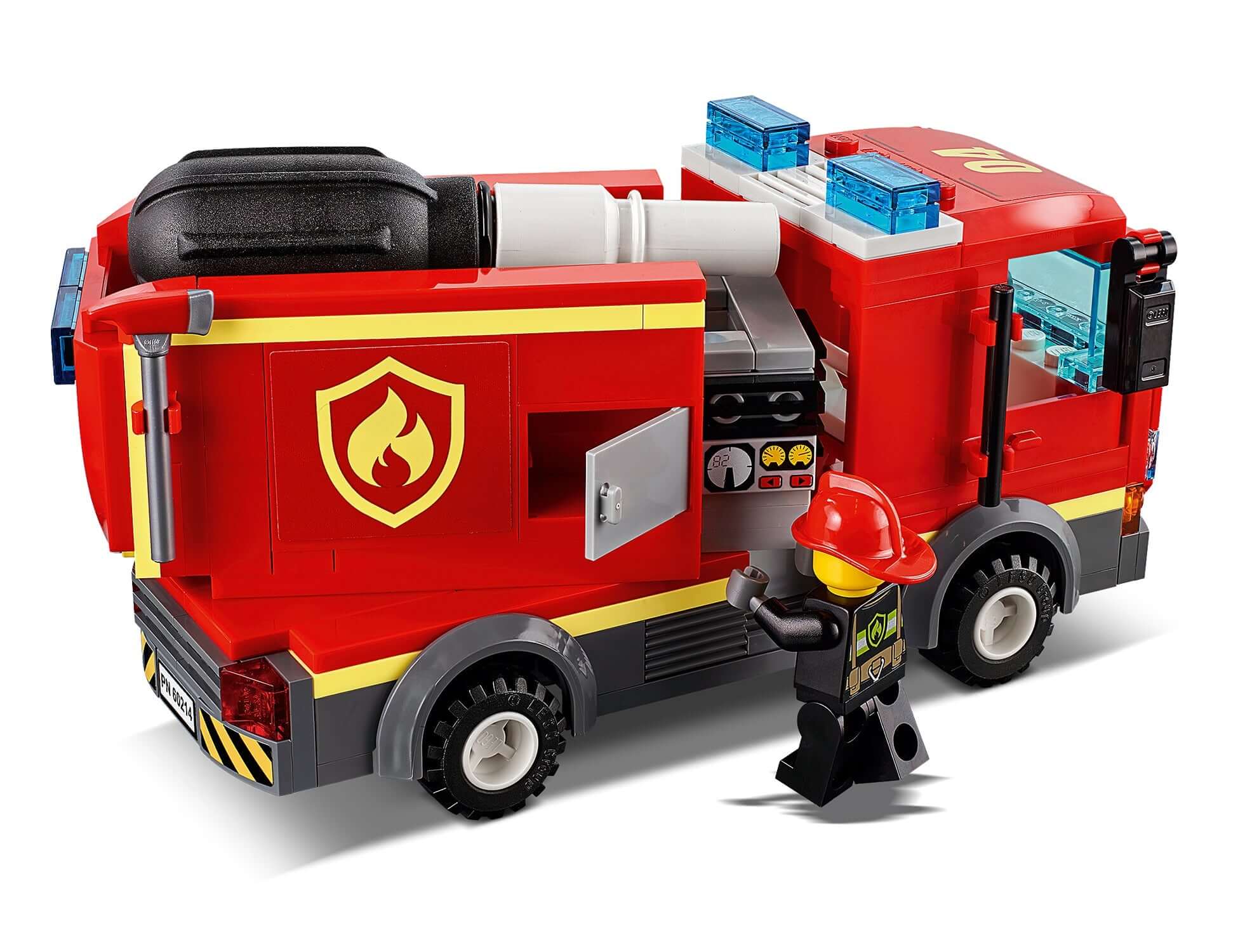 LEGO City Burger Bar Fire Rescue Engine 60214 with firefighter minifigure, vibrant red fire truck design.