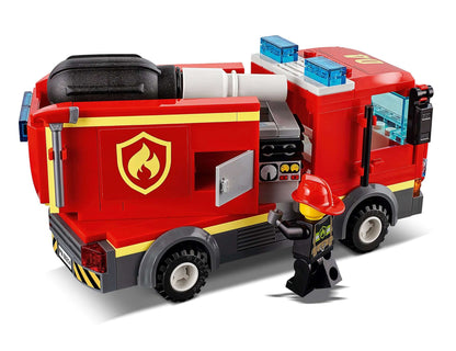 LEGO City Burger Bar Fire Rescue Engine 60214 with firefighter minifigure, vibrant red fire truck design.
