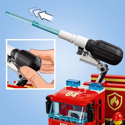 LEGO® City Burger Bar Fire Rescue Engine 60214 toy fire hose mechanism in action with a hand demonstration.