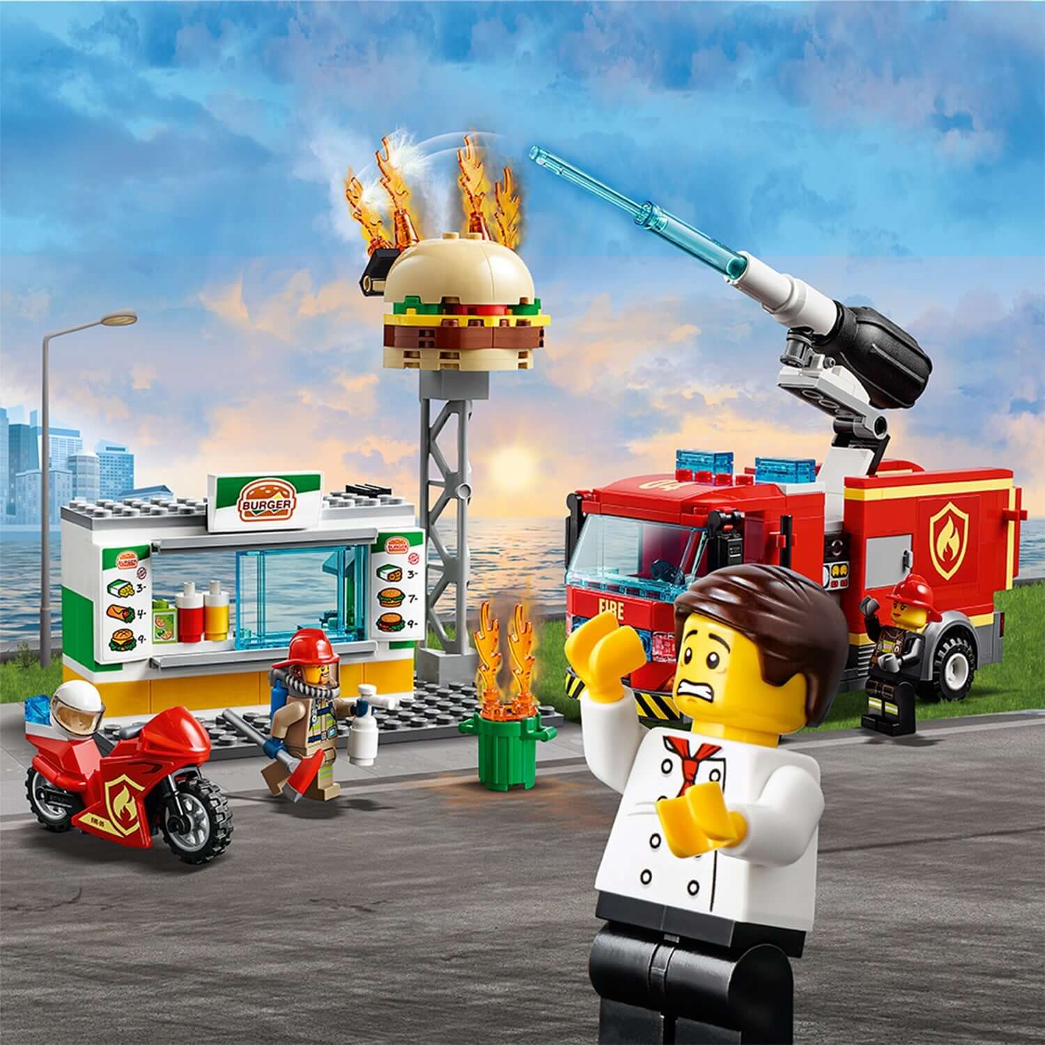 LEGO City Burger Bar Fire Rescue Engine Toy 60214, featuring firefighters battling a fire at a burger stand.