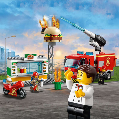 LEGO City Burger Bar Fire Rescue Engine Toy 60214, featuring firefighters battling a fire at a burger stand.