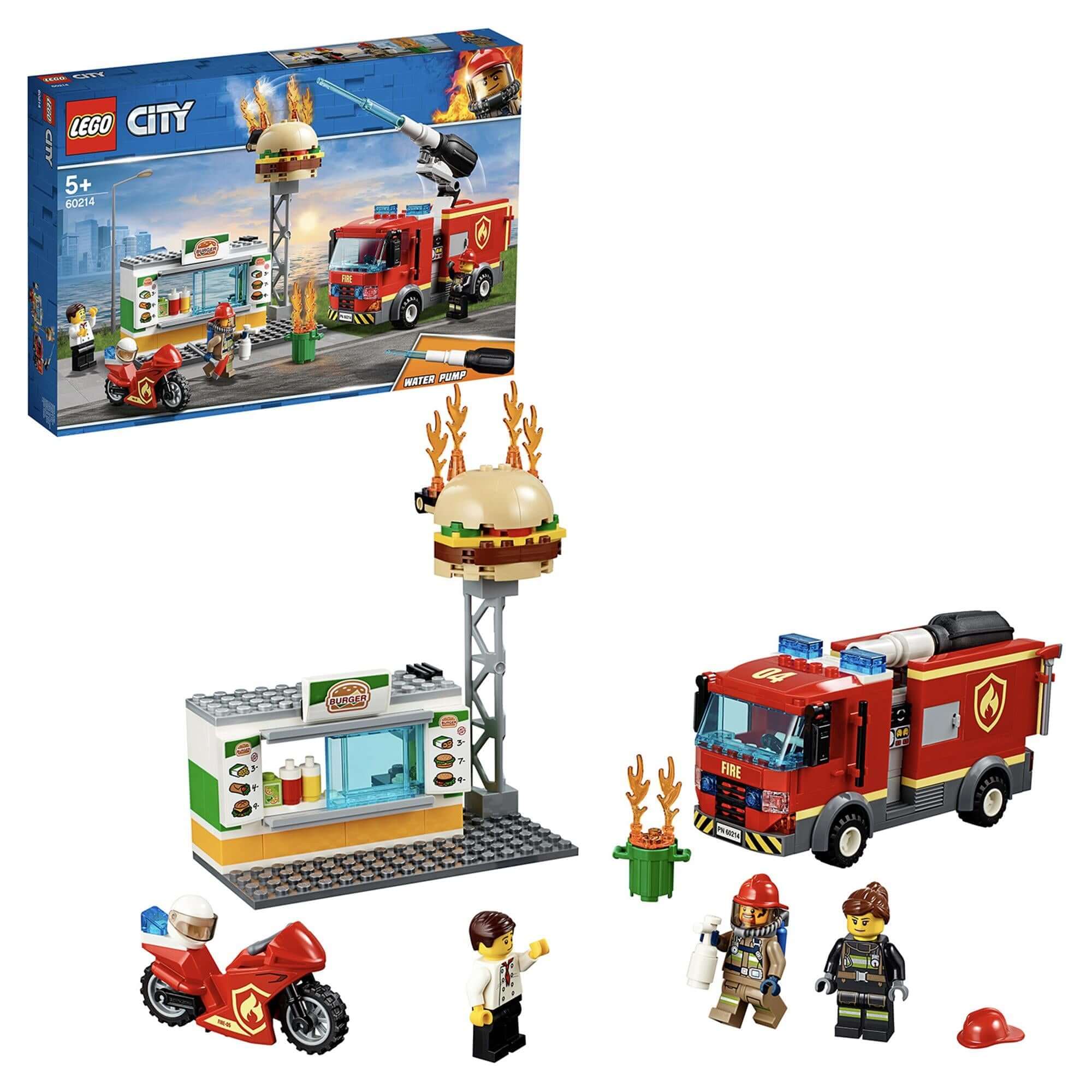 LEGO City Burger Bar Fire Rescue Engine Toy 60214 with fire truck, burger stand, and mini-figures in vibrant colors.
