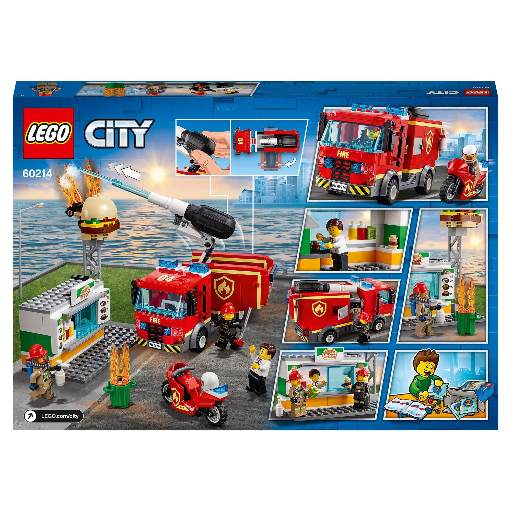 LEGO® City Burger Bar Fire Rescue Engine Toy 60214 set with fire truck, motorcycle, and firefighting action scenes.