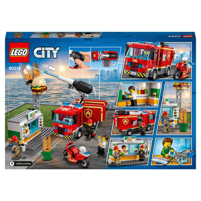 LEGO® City Burger Bar Fire Rescue Engine Toy 60214 set with fire truck, motorcycle, and firefighting action scenes.