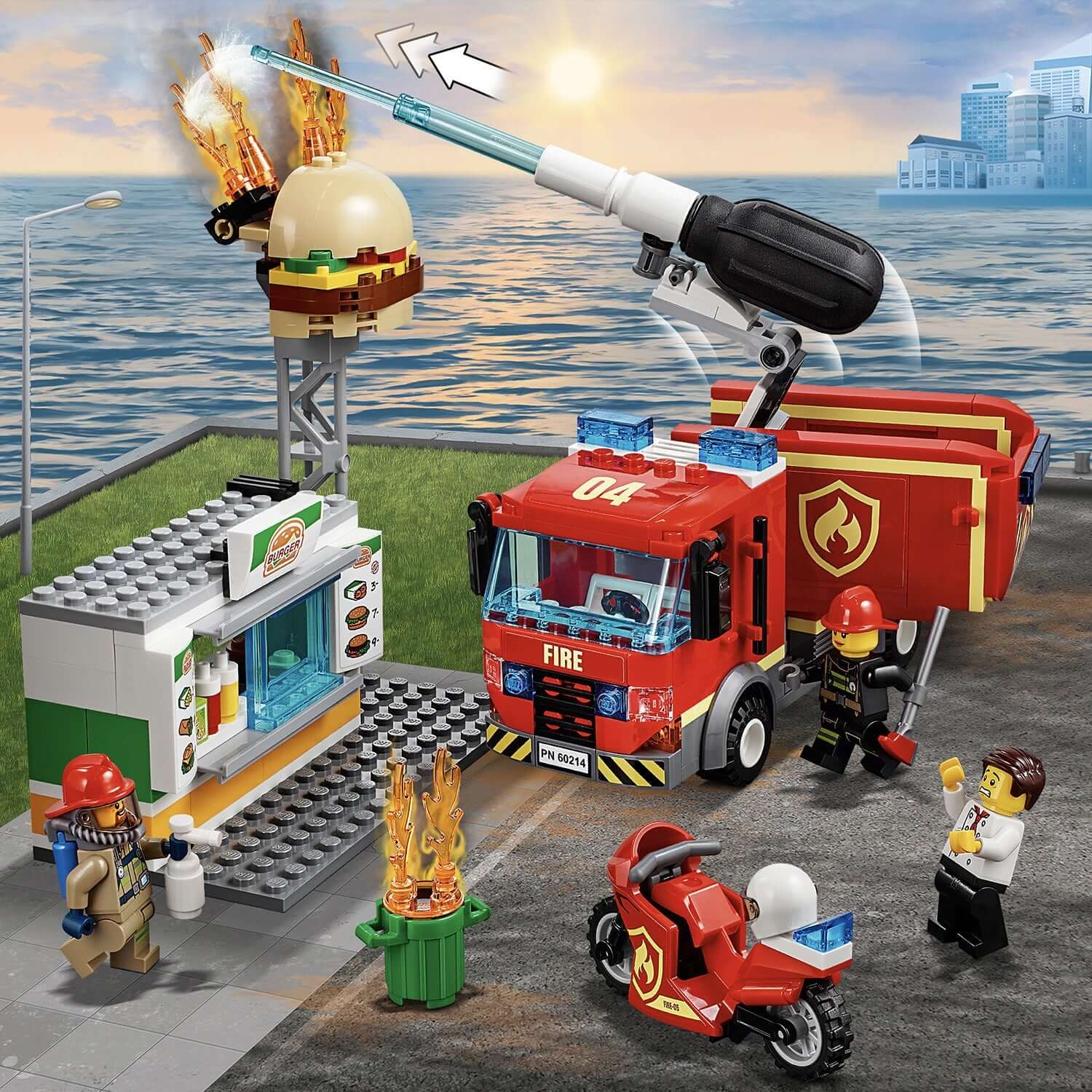 LEGO City Burger Bar Fire Rescue Engine set 60214 with fire truck, firefighters, and burning burger stand.