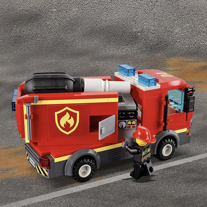 LEGO City Burger Bar Fire Rescue Engine 60214 with firefighter minifigure, ready for action in a colorful design.