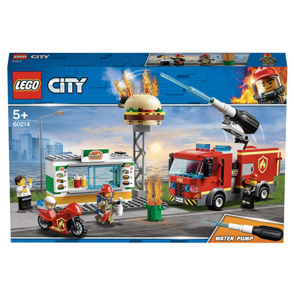 LEGO® City Burger Bar Fire Rescue Engine Toy 60214 with fire, fire truck, and minifigures, perfect for kids 5+.
