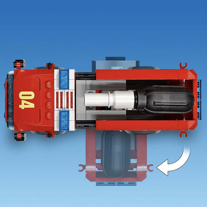 Top view of LEGO® City Burger Bar Fire Rescue Engine Toy 60214, showcasing its detailed design and features.