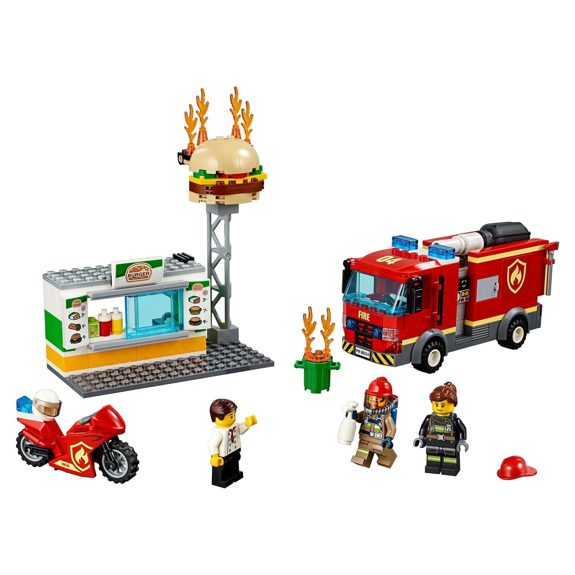 LEGO® City Burger Bar Fire Rescue Engine 60214 set with fire truck, burger stand, and minifigures in action.