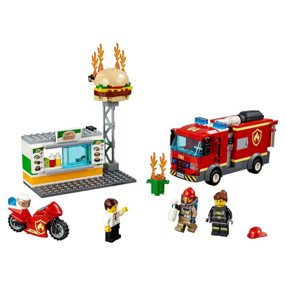 LEGO® City Burger Bar Fire Rescue Engine 60214 set with fire truck, burger stand, and minifigures in action.