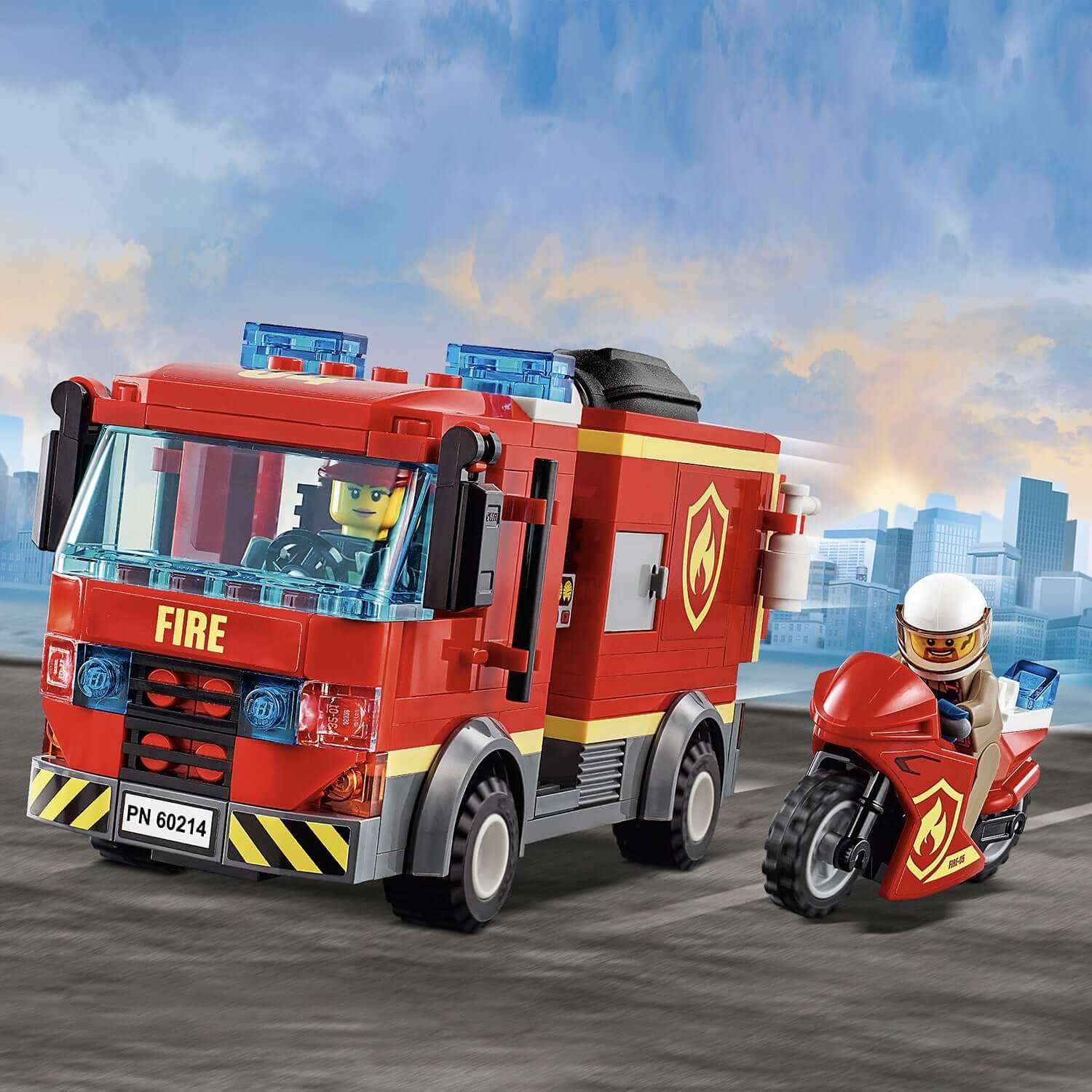 LEGO® City Burger Bar Fire Rescue Engine Toy 60214 featuring fire truck and motorcycle for exciting rescue play.