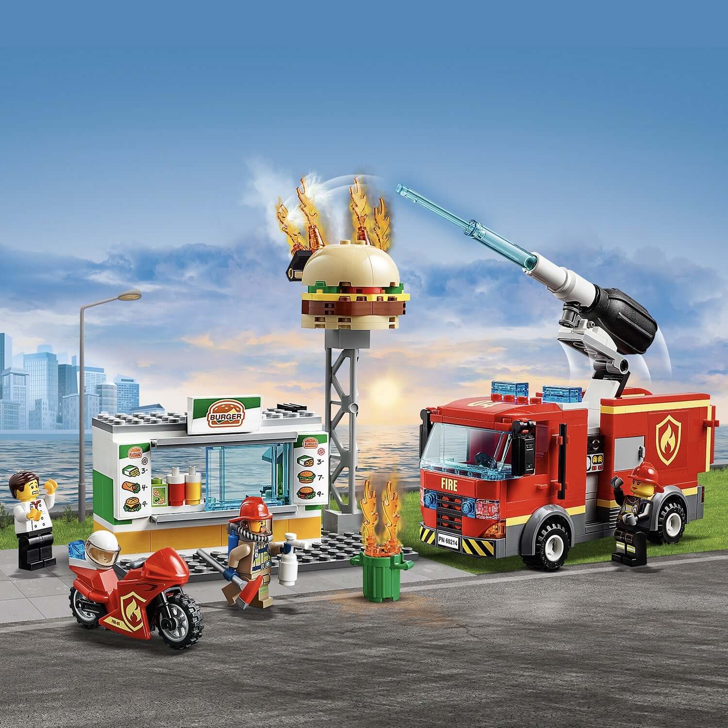 LEGO City Burger Bar Fire Rescue Engine 60214 with fire truck and burger stand in action scene.