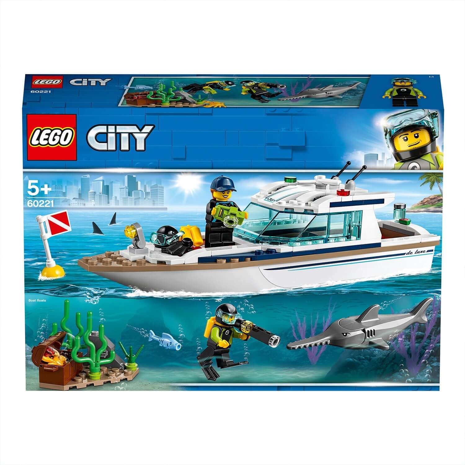 LEGO City Diving Yacht Set 60221 featuring a deep sea boat with divers, underwater scenery, and a shark.