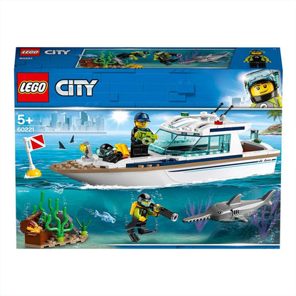 LEGO City Diving Yacht Set 60221 featuring a deep sea boat with divers, underwater scenery, and a shark.