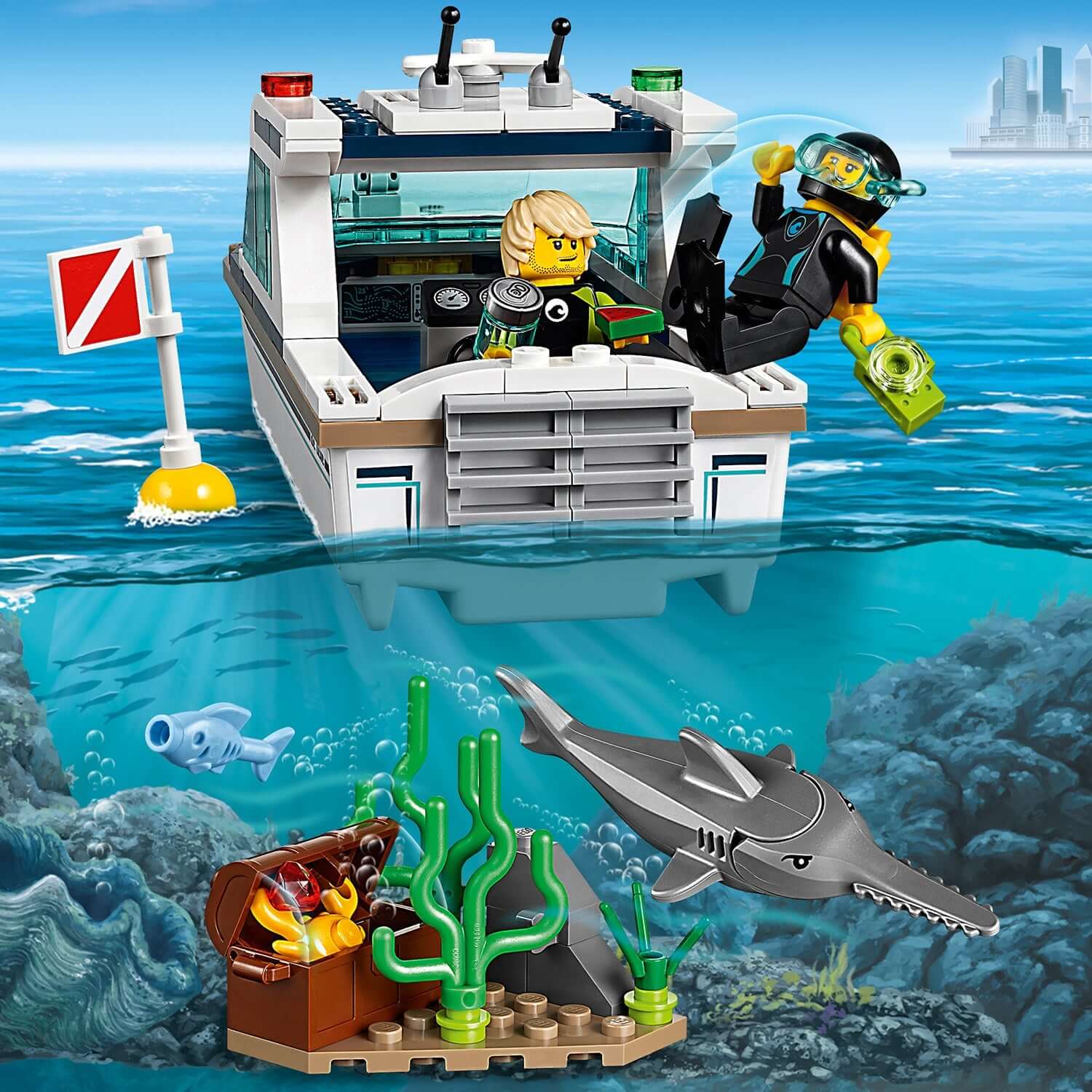 LEGO® City Diving Yacht set 60221 with diver, boat, and underwater scene featuring fish and a shark.