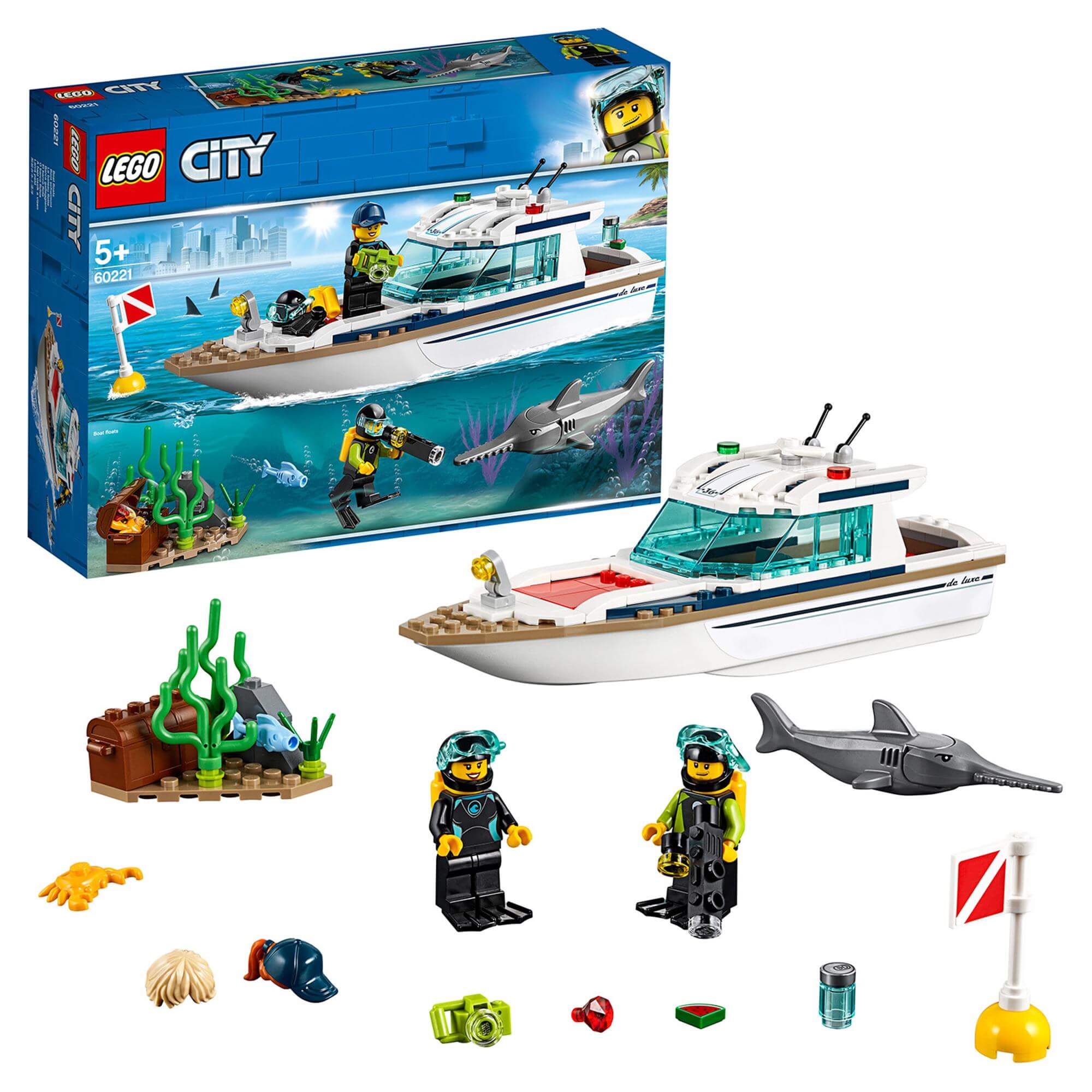LEGO® City Diving Yacht Set 60221 with divers, shark, and underwater scene for deep sea exploration.