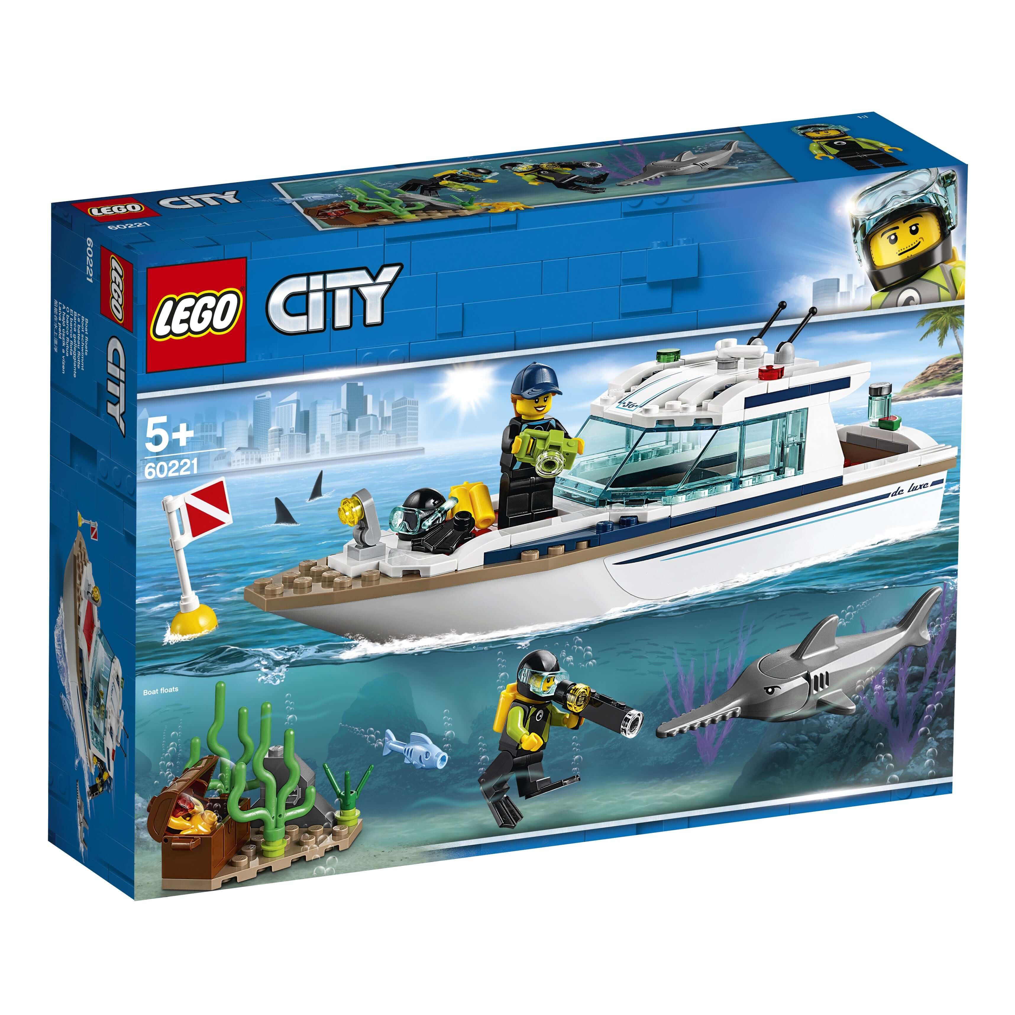 LEGO City Diving Yacht Set 60221 featuring a deep sea boat, divers, and underwater scenery, perfect for kids aged 5+