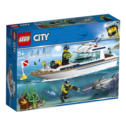 LEGO City Diving Yacht Set 60221 featuring a deep sea boat, divers, and underwater scenery, perfect for kids aged 5+